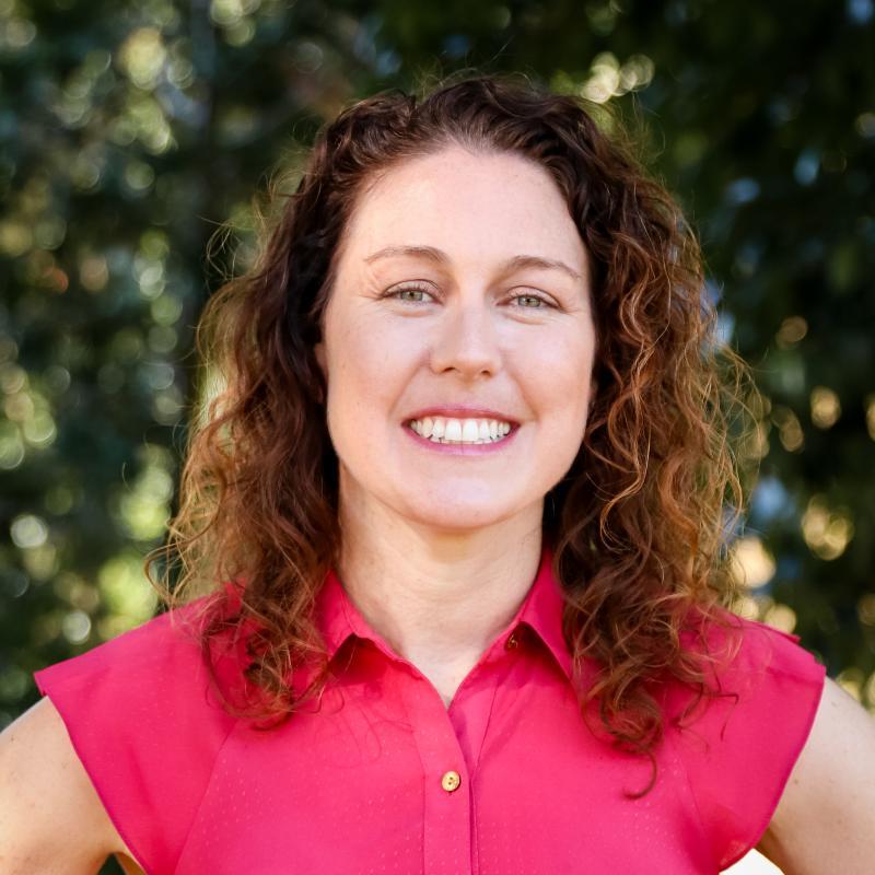 Headshot of a smiling woman with brown hair, wearing a pink blouse.