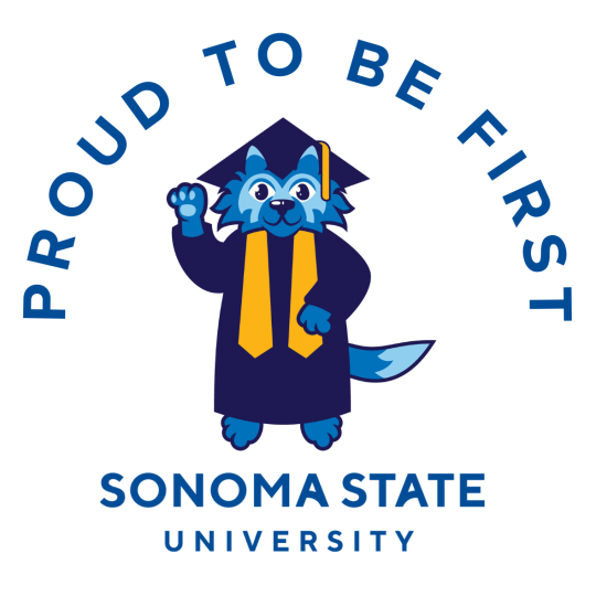 Lobo in grad regalia with text that says Proud to be First Sonoma State University